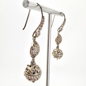 Sterling Silver 925 Floral Beaded Scroll Design Dangle Earrings Size 2" Length